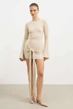 Fine Knit Gathered Longsleeve Mini Dress - Champagne Shimmer Lightweight warm-weather dress