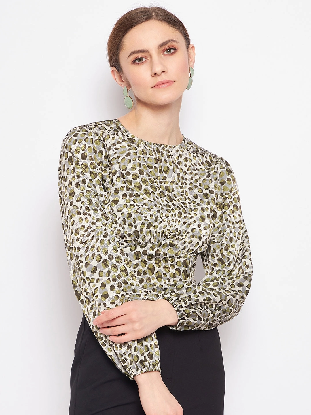 Multi Panel Cut Madame Printed Olive Corset Top