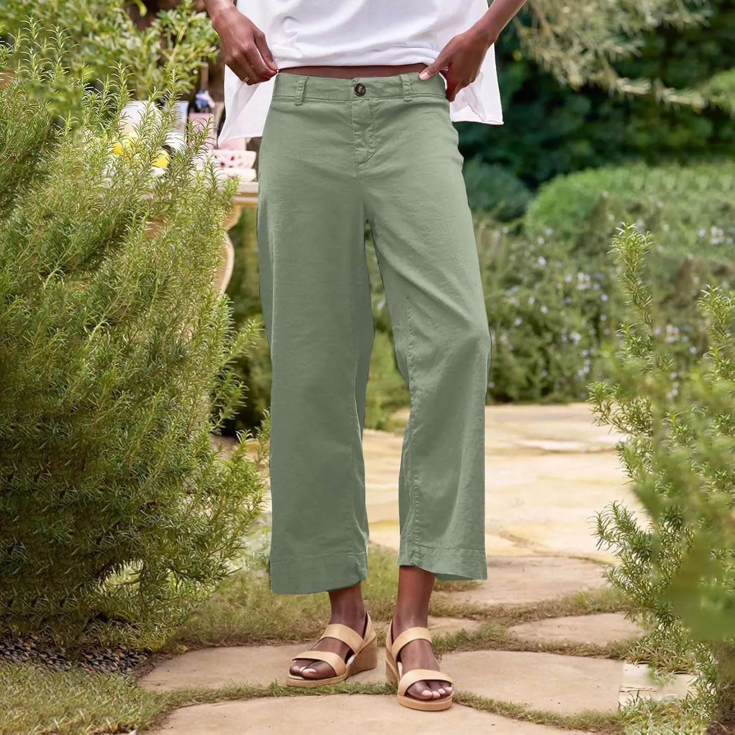 YRAETENM Linen Pants Women High Waisted Cropped Wide Leg Pants Business Casual Dress Pants Comfy Lounge Pants with Pockets