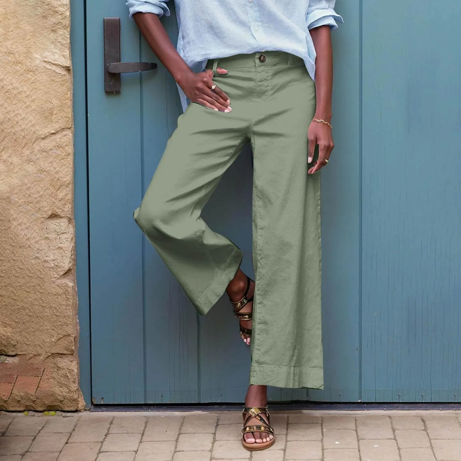 YRAETENM Linen Pants Women High Waisted Cropped Wide Leg Pants Business Casual Dress Pants Comfy Lounge Pants with Pockets