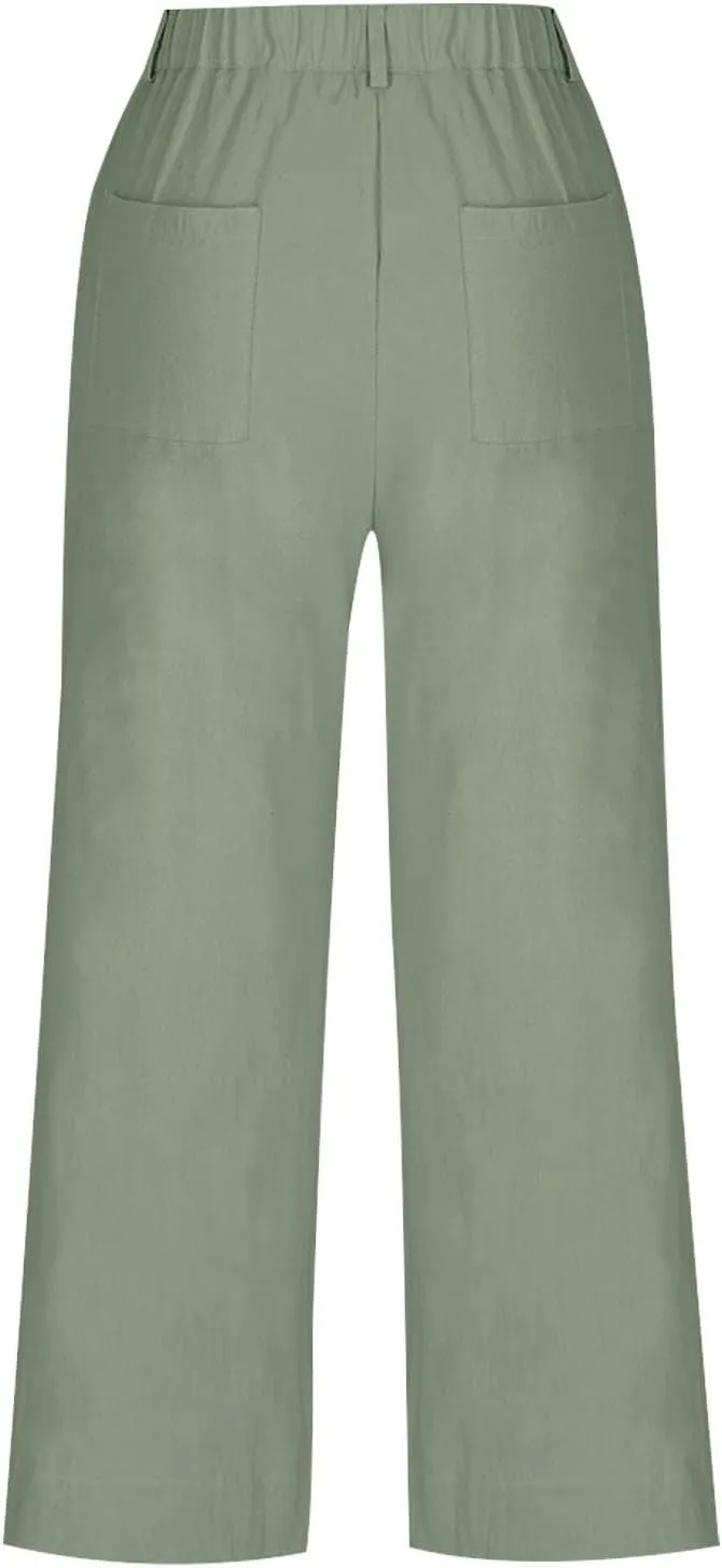 YRAETENM Linen Pants Women High Waisted Cropped Wide Leg Pants Business Casual Dress Pants Comfy Lounge Pants with Pockets
