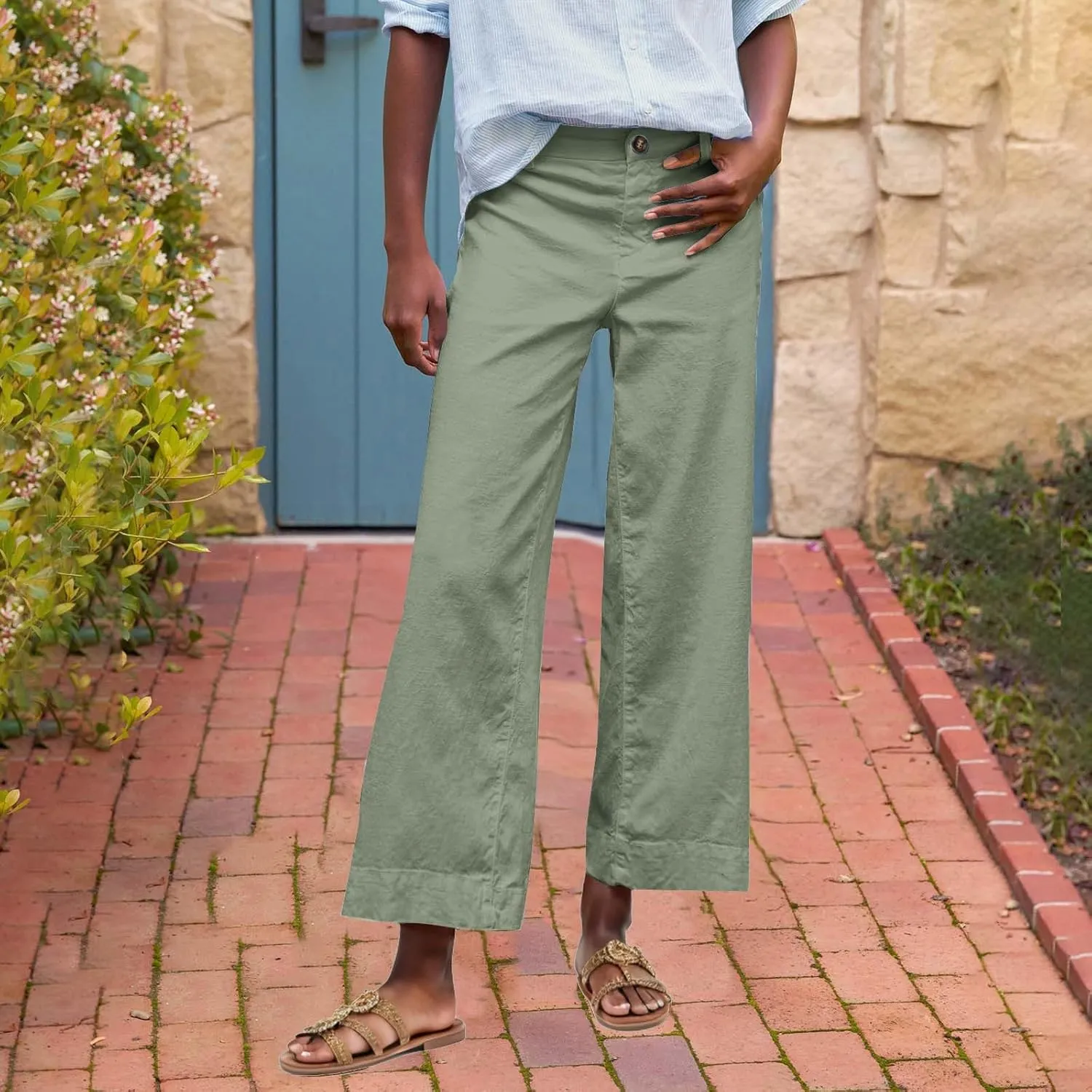YRAETENM Linen Pants Women High Waisted Cropped Wide Leg Pants Business Casual Dress Pants Comfy Lounge Pants with Pockets