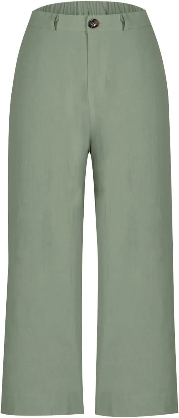 YRAETENM Linen Pants Women High Waisted Cropped Wide Leg Pants Business Casual Dress Pants Comfy Lounge Pants with Pockets