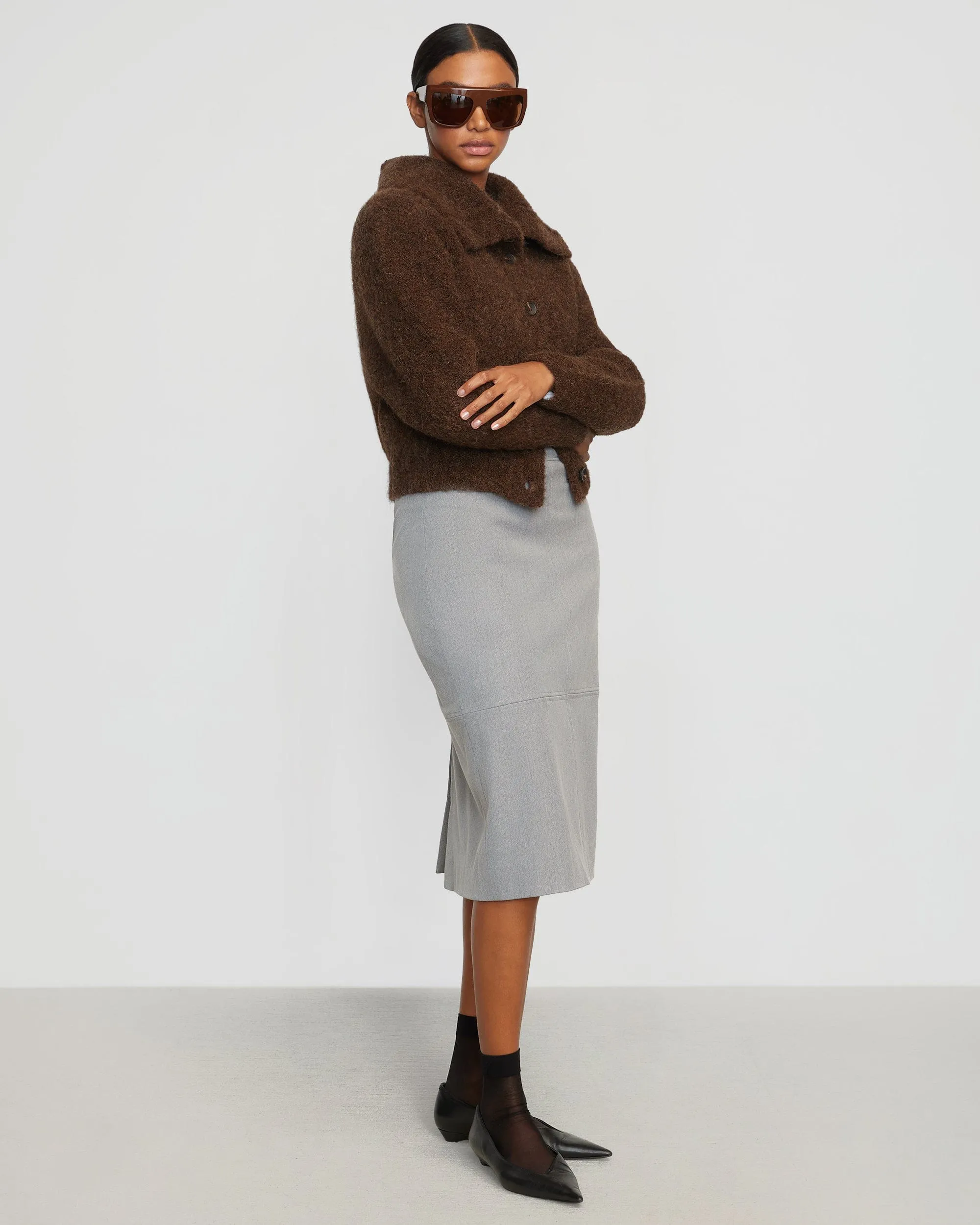 Sheer Overlay Yulia Back-Split Suiting Skirt