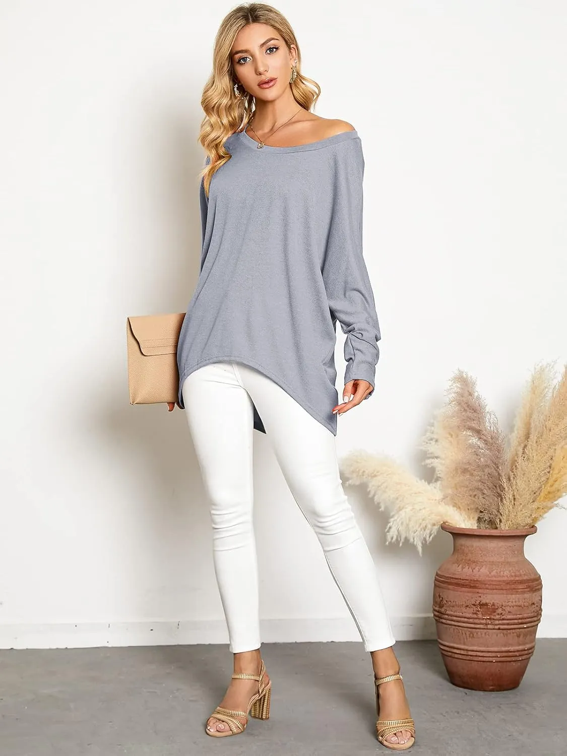 ZANZEA Women's Off-Shoulder Batwing Sleeve Blouse Casual Loose Oversized Baggy T-Shirt Sweater Pullover Top