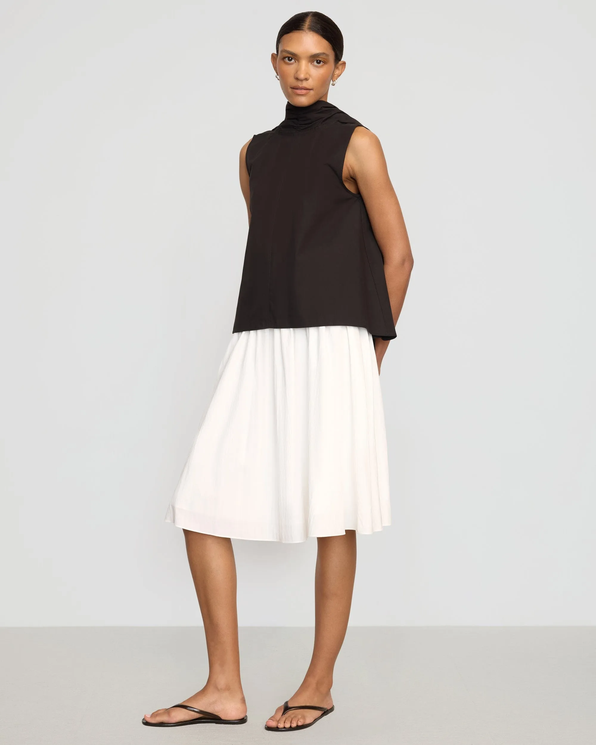 Zazie Shirred Stretch-Waist Midi Skirt Double Stitched tech fabric