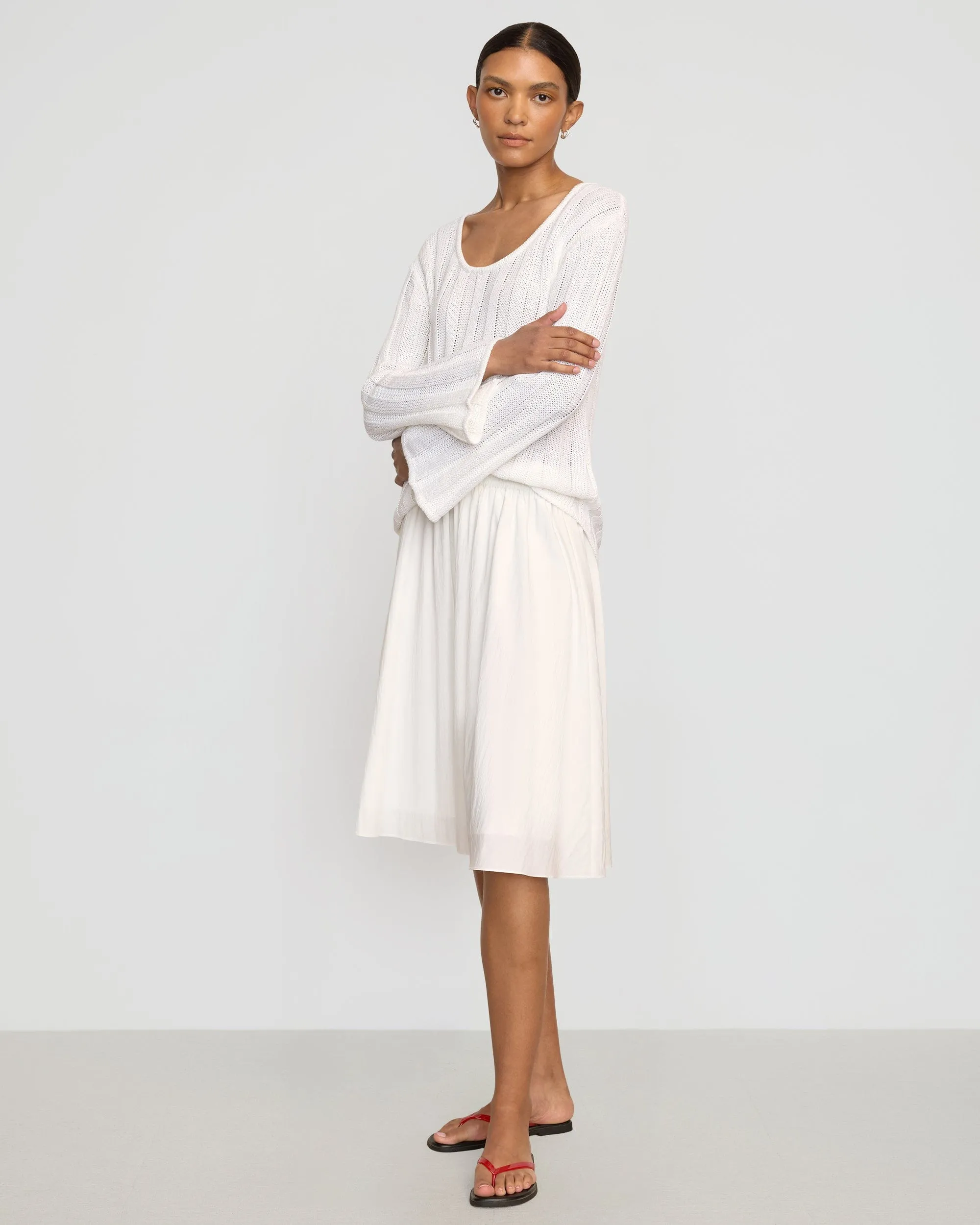 Zazie Shirred Stretch-Waist Midi Skirt Light Fabric Side Slit