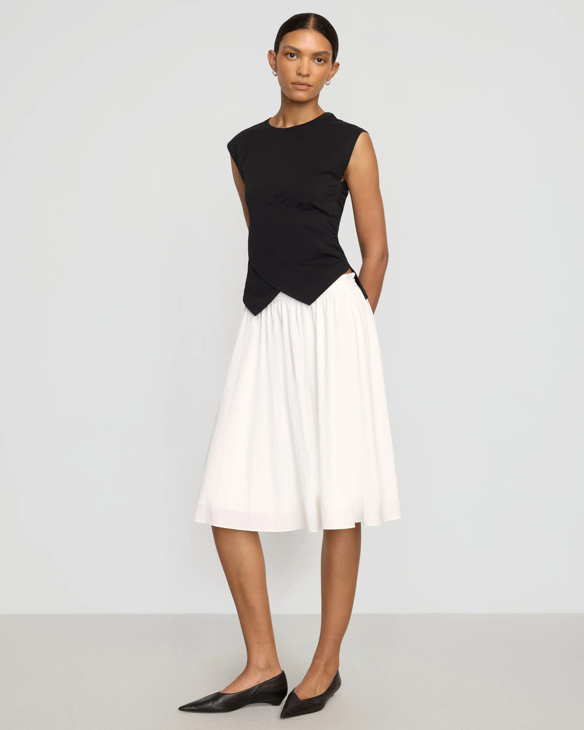 Zazie Shirred Stretch-Waist Midi Skirt Earth Tones