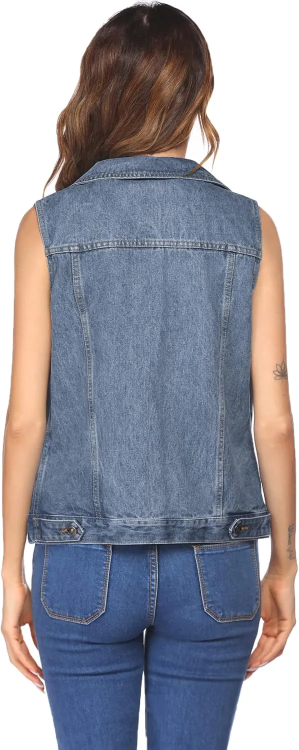 Zeagoo Women's Denim Vest Jean Vest Casual Sleeveless Jacket With Flap Pockets