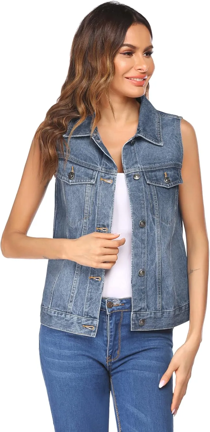 Zeagoo Women's Denim Vest Jean Vest Casual Sleeveless Jacket With Flap Pockets