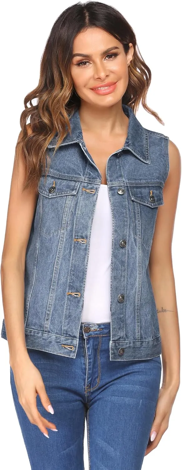 Zeagoo Women's Denim Vest Jean Vest Casual Sleeveless Jacket With Flap Pockets