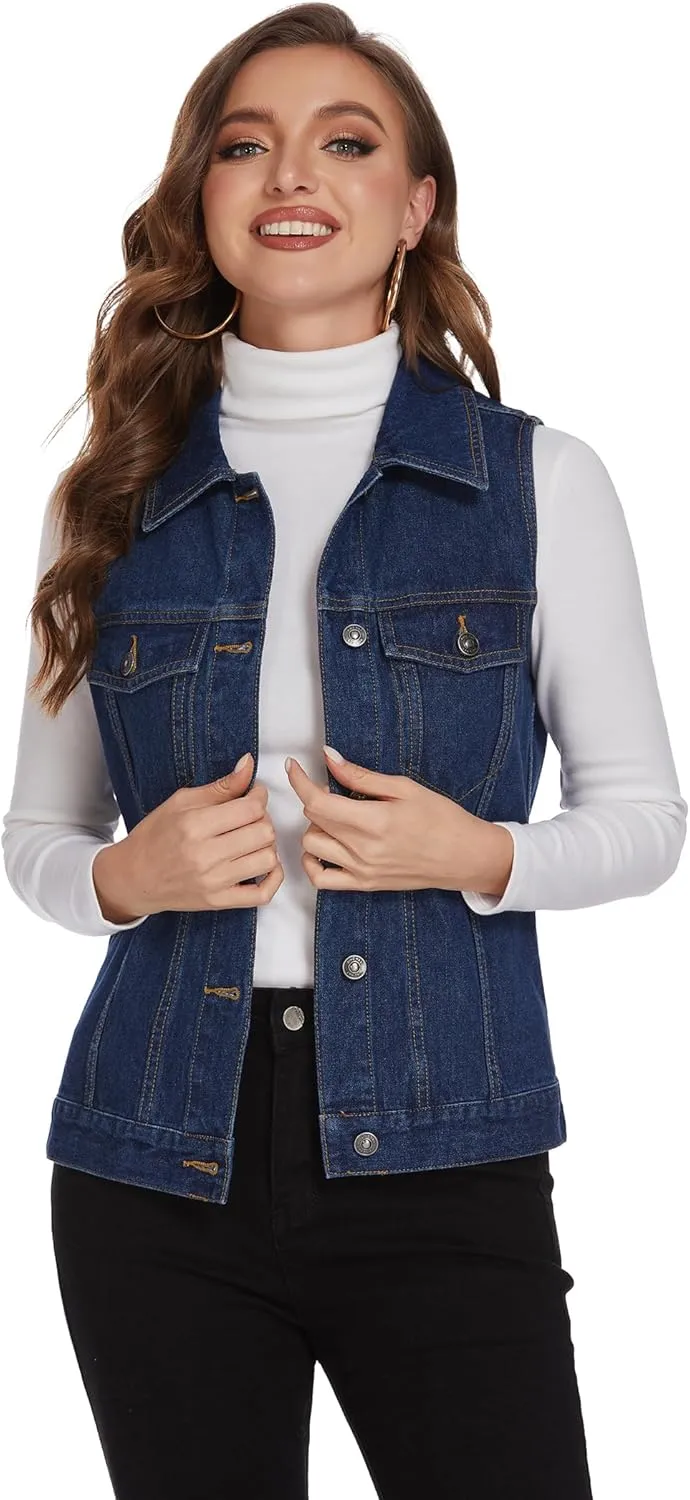 Zeagoo Women's Denim Vest Jean Vest Casual Sleeveless Jacket With Flap Pockets