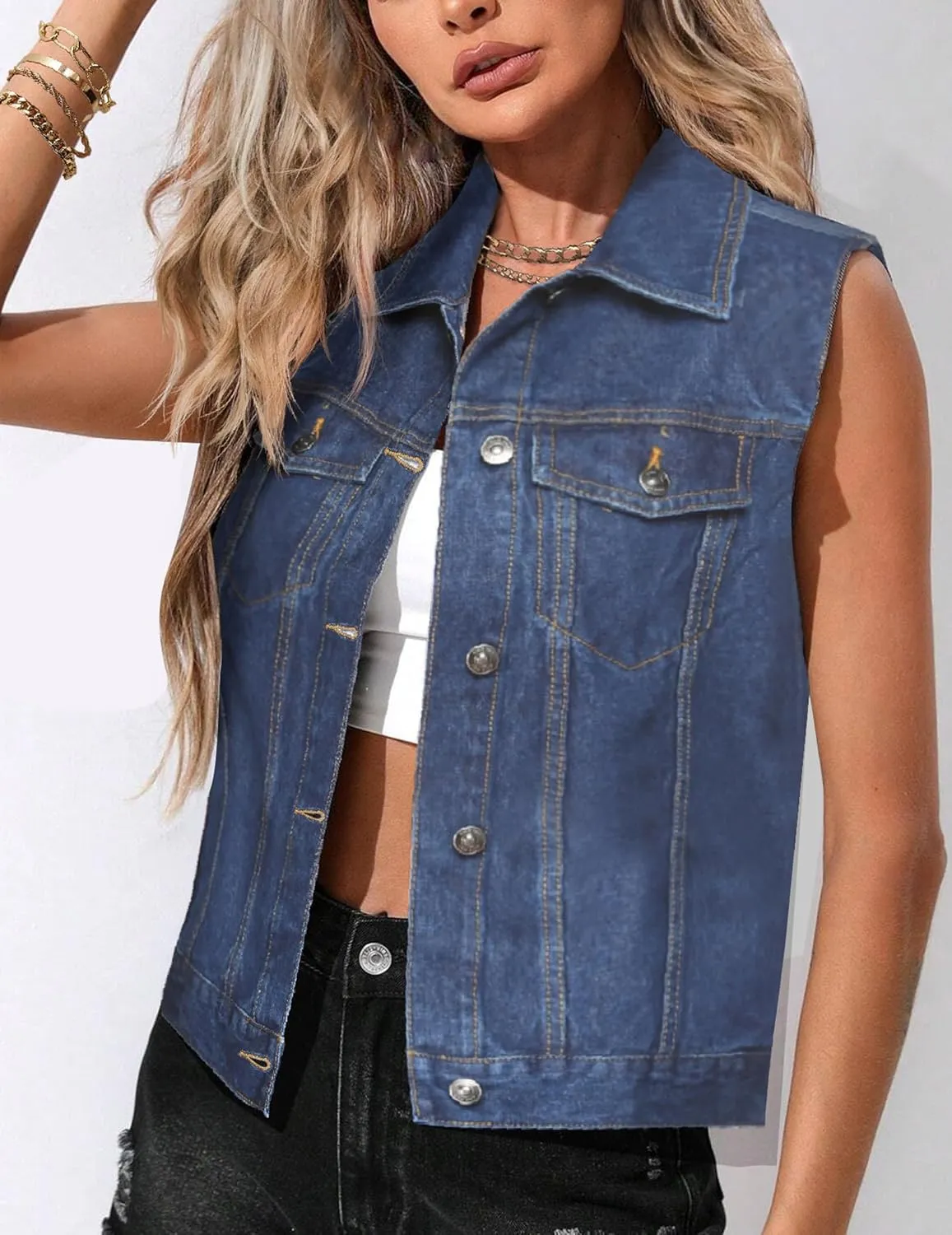 Zeagoo Women's Denim Vest Jean Vest Casual Sleeveless Jacket With Flap Pockets