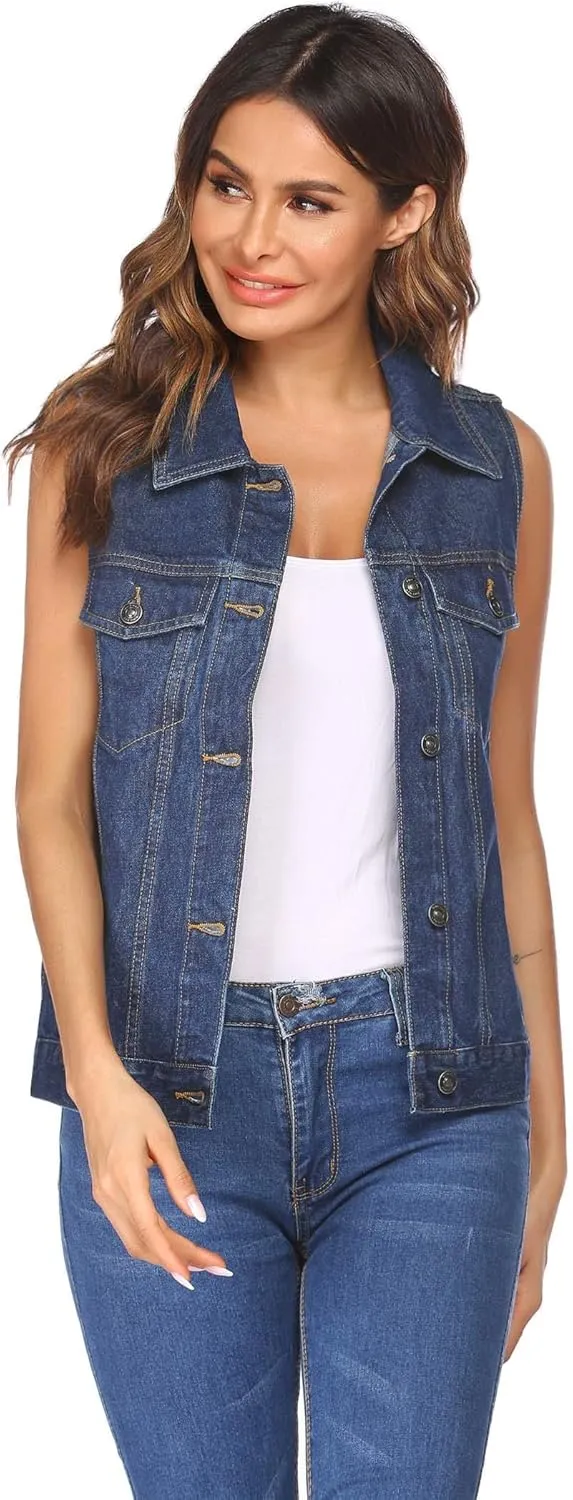 Zeagoo Women's Denim Vest Jean Vest Casual Sleeveless Jacket With Flap Pockets