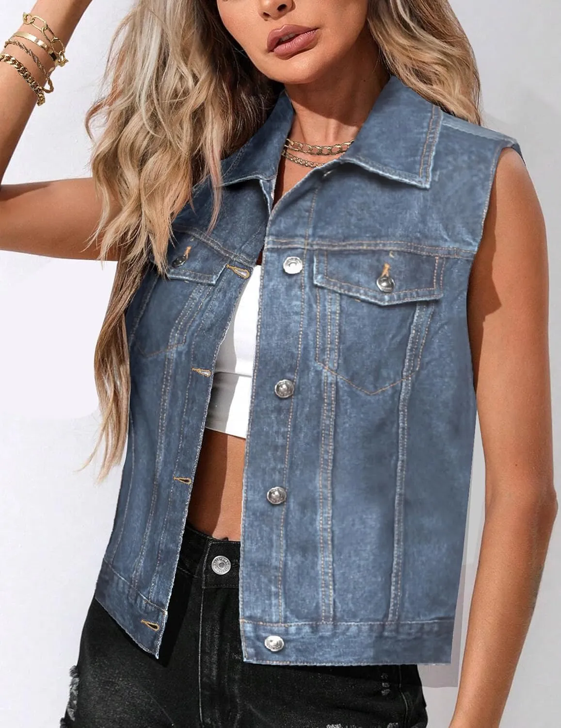Zeagoo Women's Denim Vest Jean Vest Casual Sleeveless Jacket With Flap Pockets