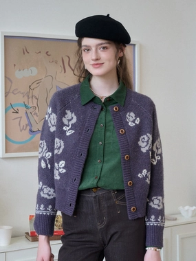 Versatile Layered Katie Round Neck Jacquard Wool Cardigan