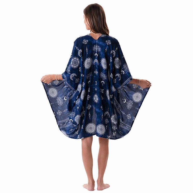 DoubleLayered Neckline PreShrunk Fabric Nightfall Blue Lotus Moon Kimono