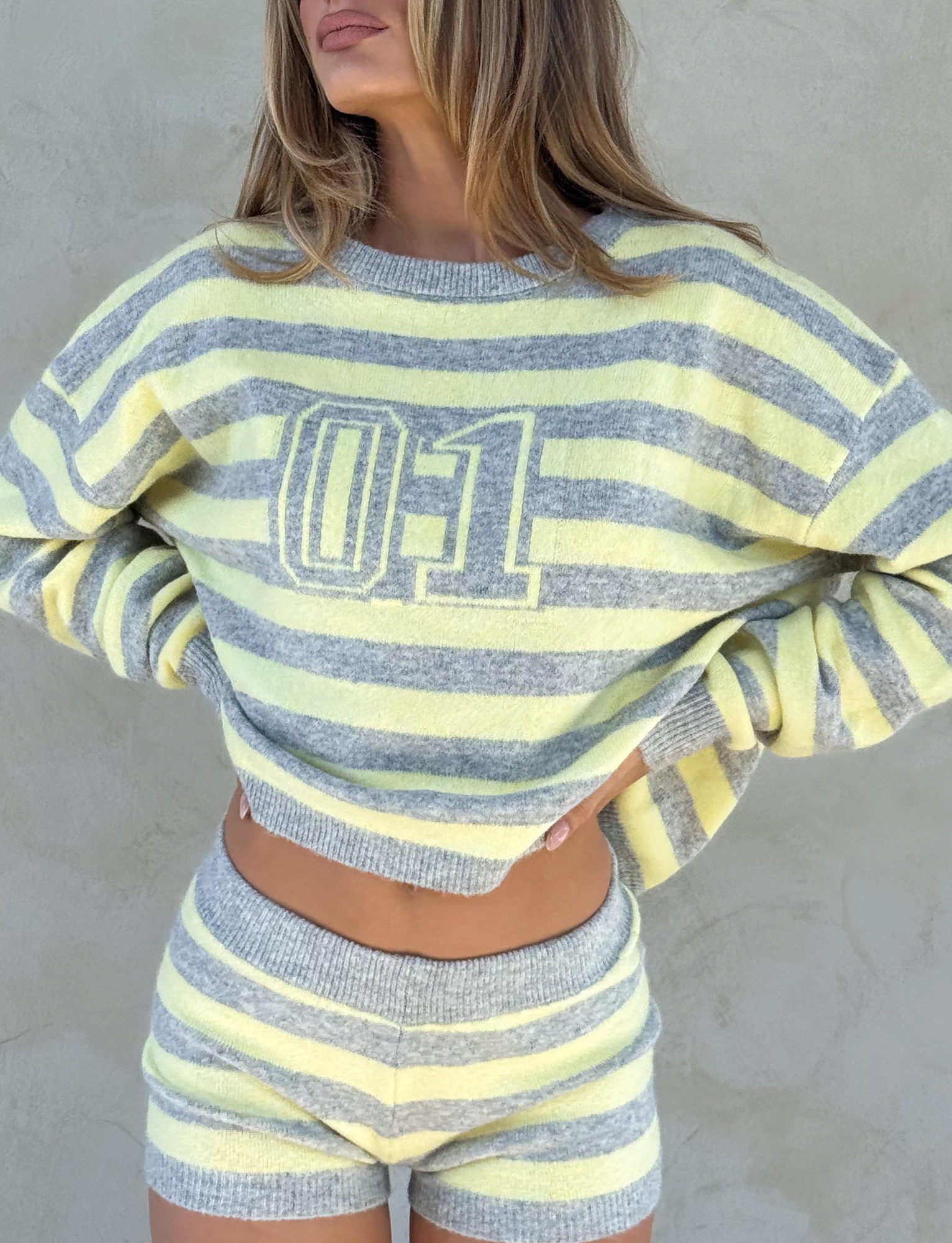 KOA JUMPER - YELLOW AND GREY STRIPE Classic Crew Neck Fade Resistant Dye