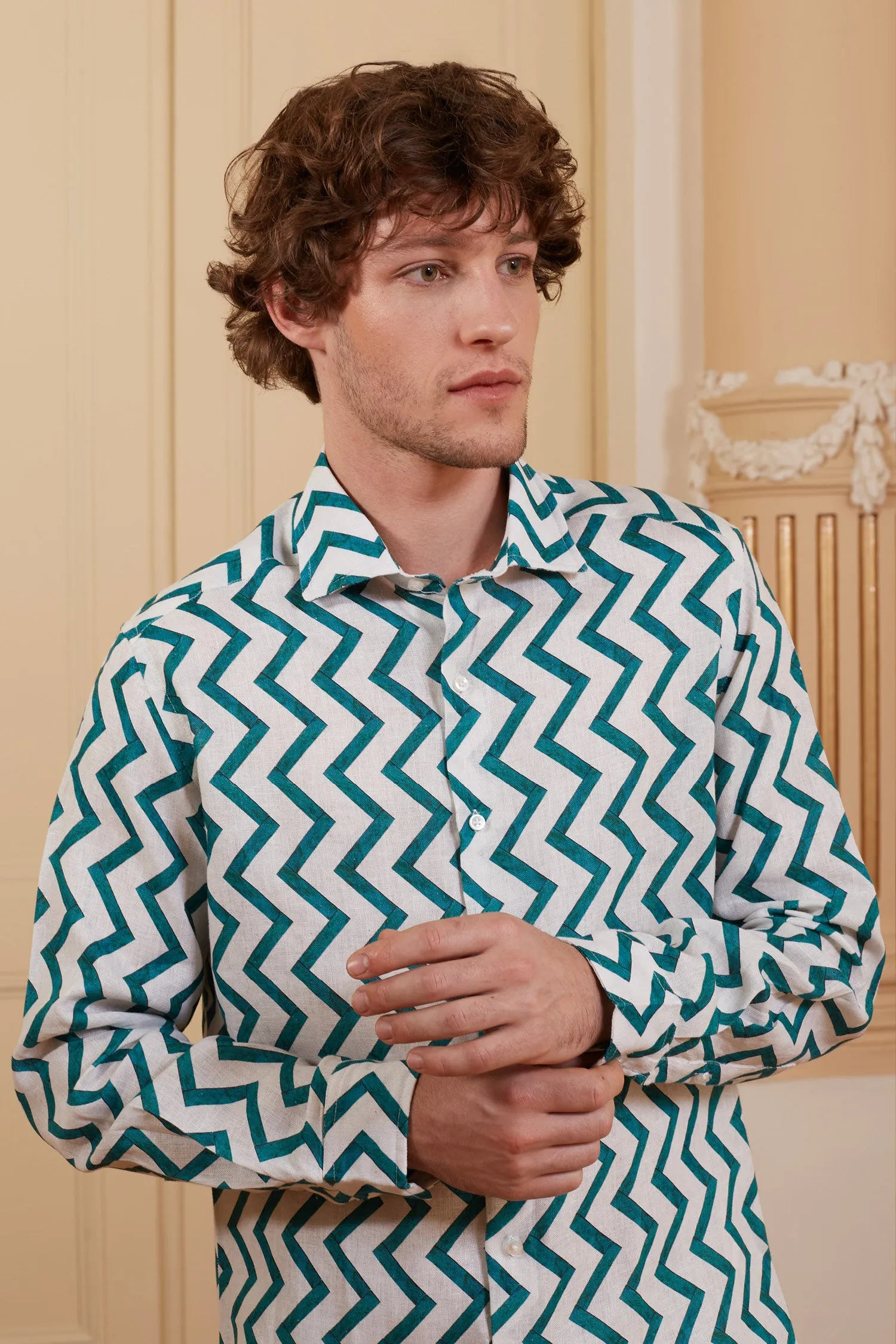 zigzag linen shirt green