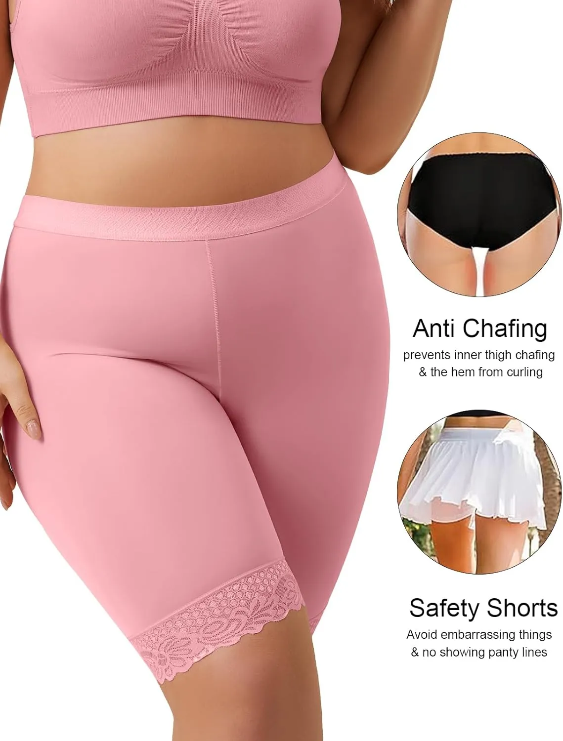 Zimi 4Pack Plus Size Womens Slip Shorts for Under Dresses Anti-Chafing Lace Trim Boyshorts Mid Thigh Underwear Panties L-4XL