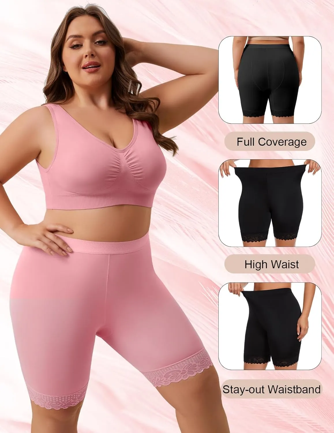 Zimi 4Pack Plus Size Womens Slip Shorts for Under Dresses Anti-Chafing Lace Trim Boyshorts Mid Thigh Underwear Panties L-4XL