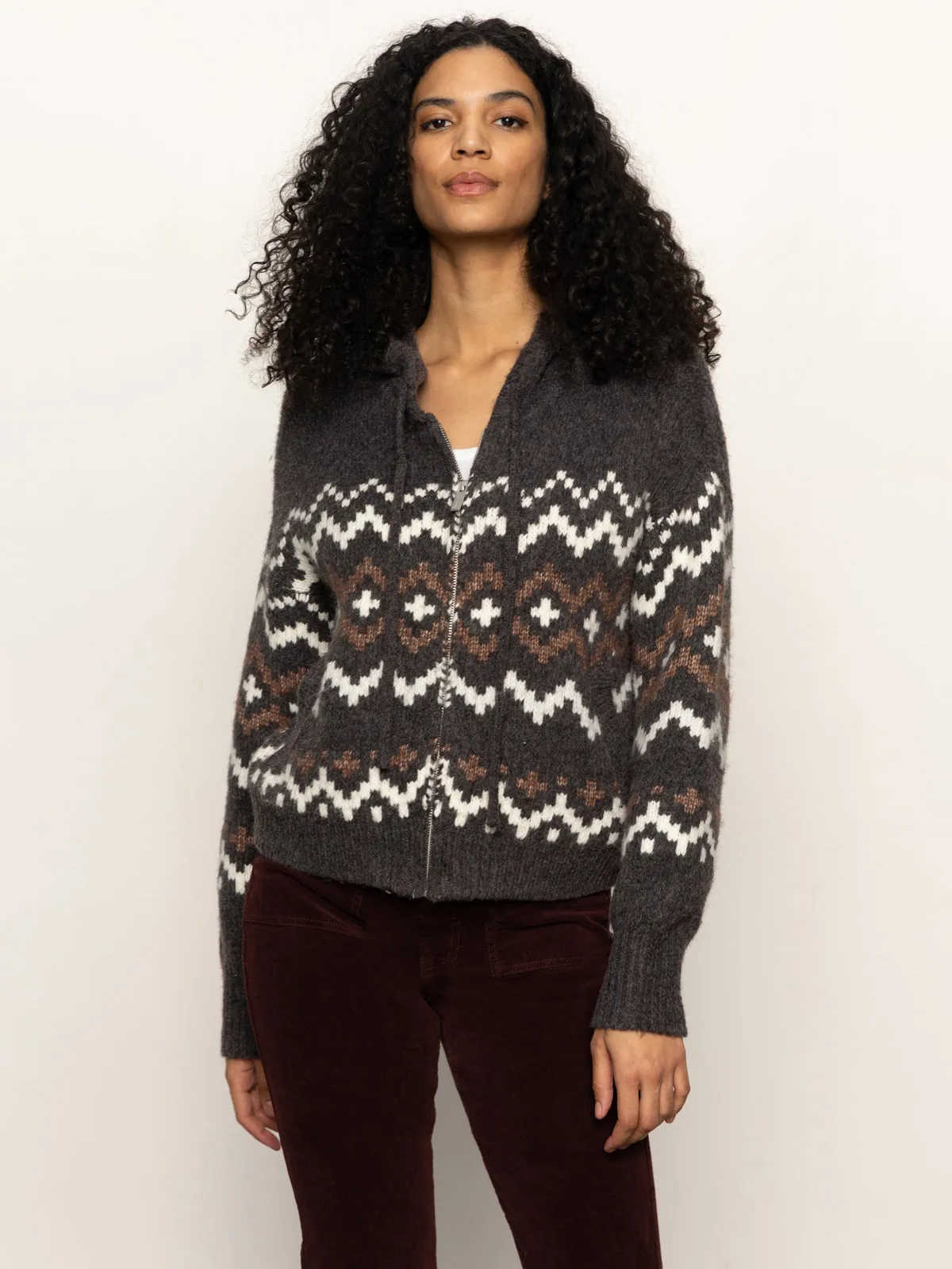Lightweight Waterproof Bonded Seam Technology Zip-Up Fairisle Hoodie Mocha Fairisle