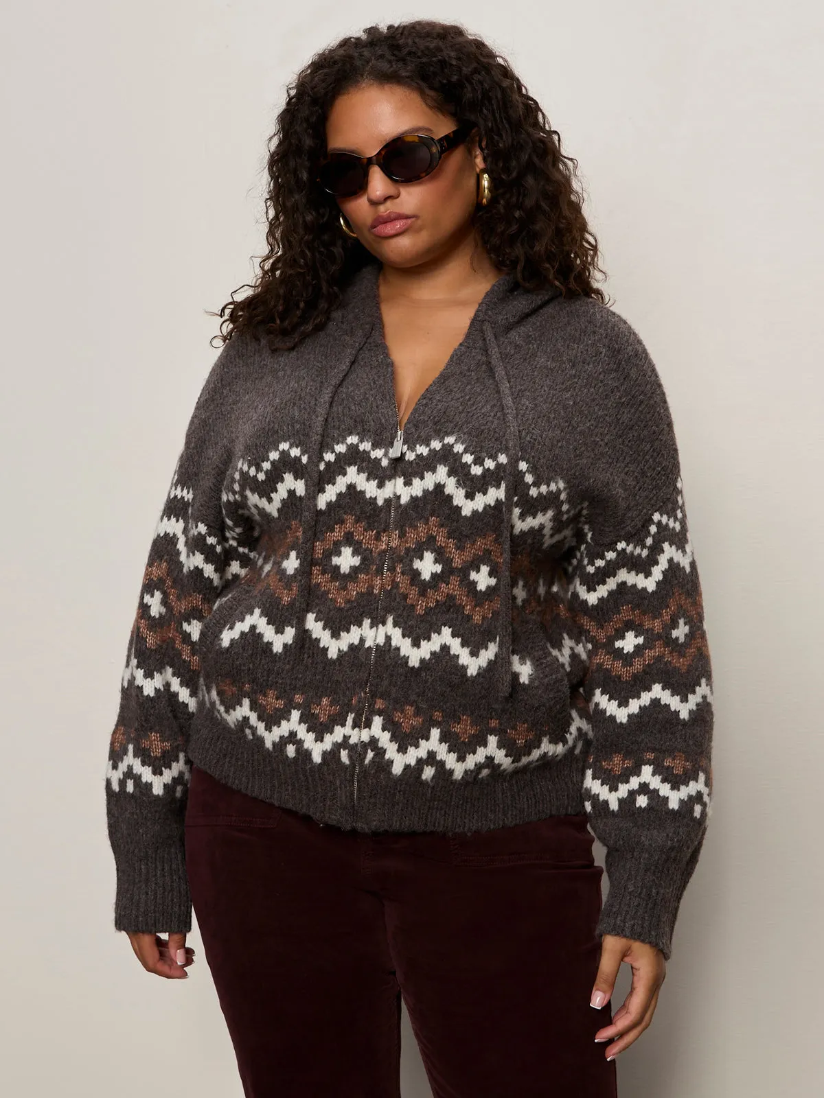 Flatlock Stitching Technique Zip-Up Fairisle Hoodie Mocha Fairisle Extended Sizing