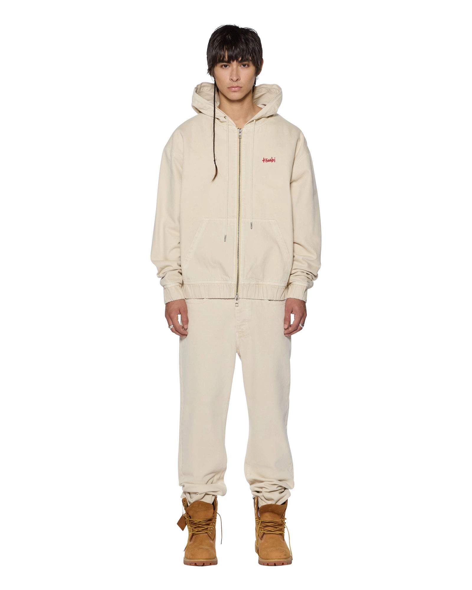 RibbedCollar Stylish Jacket ZIPPED DENIM HOODIE ECRU
